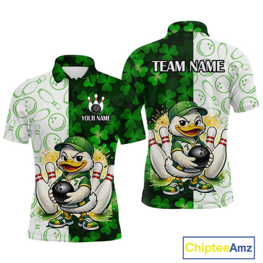 Custom Green Funny Duck Bowling Team Shirt for Men Lucky Clover St Patrick Day Bowling League Outfit QZT861