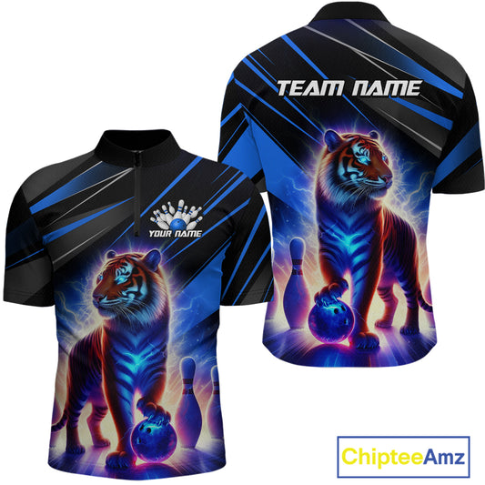 Blue Tiger Bowling Team Shirt Custom Bowling League Jersey for Men Bowling Outfit Polo & 1/4 Zip QZT773