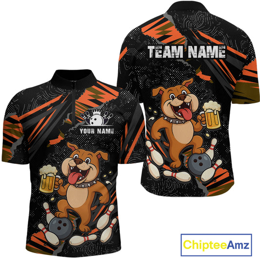 Custom Orange Funny Bulldog & Beer Bowling Shirt Men Bowling Team Jersey League Polo & 1/4 Zip QZT812