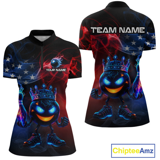 Custom American Flag Bowling Shirt Hero Bowling Ball Pin Polo & 1/4 Zip Bowling Jersey for Women QZT800