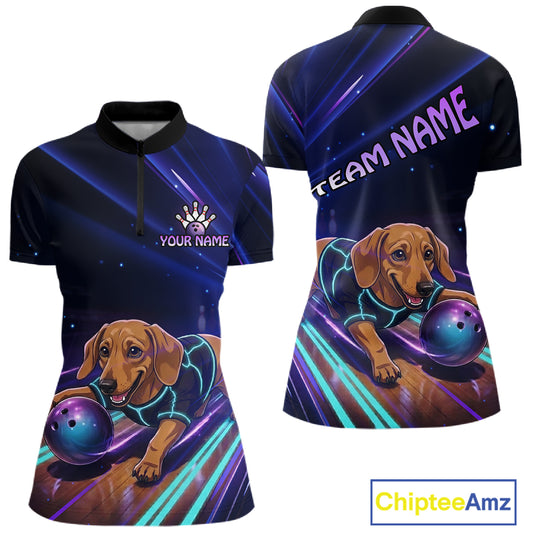 Neon Funny Dachshund Bowling Shirt Custom Bowling Team Jersey for Women Polo & Quarter-Zip Bowling Outfit QZT940