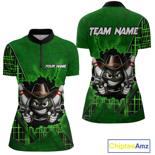 Custom Green Funny Cowboy Gun Bowling Shirt for Women Bowling Team Jersey Bowling Polo & Quarter-Zip QZT915