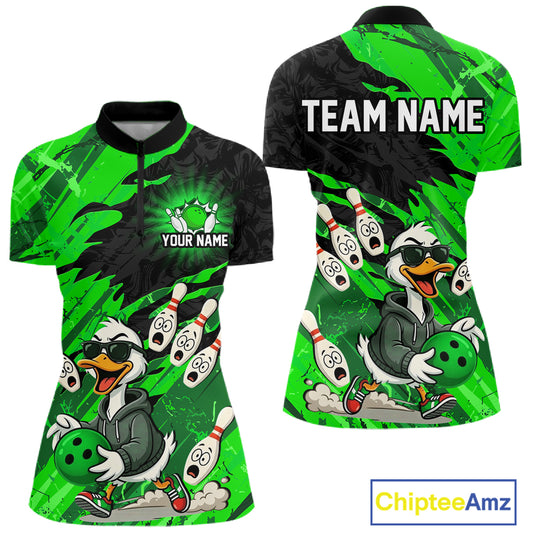 Green Funny Duck Bowling Shirt for Women Custom Bowling Team Jersey Bowling League Polo & Quarter-Zip QZT944