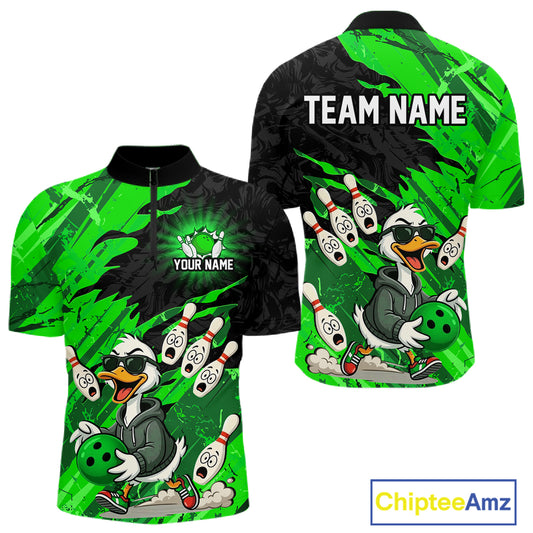 Green Funny Duck Bowling Shirt for Men Custom Bowling Team Jersey Bowling League Polo & Quarter-Zip QZT944