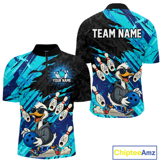 Cyan Funny Duck Bowling Shirt for Men Custom Bowling Team Jersey Bowling League Polo & Quarter-Zip QZT944