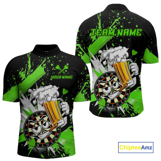Front and back views of a black short-sleeve quarter-zip jersey with a green and white graphic design featuring a cartoon dartboard-faced mug holding a beer mug, with customizable text placeholders 'TEAM NAME' and 'YOUR NAME'.