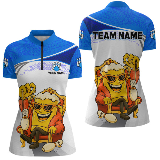 Custom Funny Blue Beer Polo Bowling Team Shirt for Women Quarter-Zip Bowling Jersey Outfit QZT820