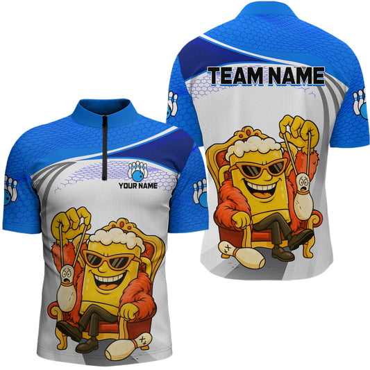 Custom Funny Blue Beer Polo Bowling Team Shirt for Men Quarter-Zip Bowling Jersey Outfit QZT820