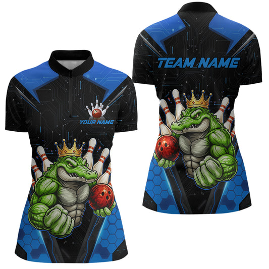Custom Funny Blue Crocodile Bowling Shirt Alligator Bowling Jersey for Women Polo & 1/4 Zip QZT823