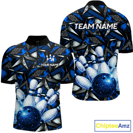 Blue Rhinestone Bowling Shirt for Men Custom Bowling Team Jersey Polo & Quarter-Zip QZT1003