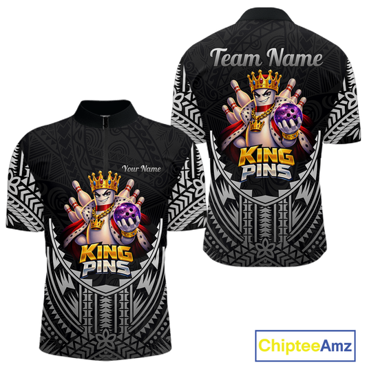 Funny King Pins Bowling Team Shirt for Men Custom Tribal Buddies Bowling Jersey Polo & 1/4 Zip QZT946