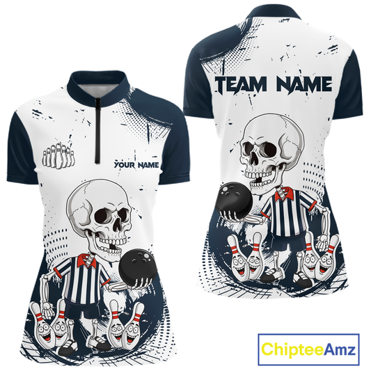 Skeleton Bowling Team Shirt for Women Personalized Funny Bowling Team Jersey Polo & 1/4-Zip QZT818