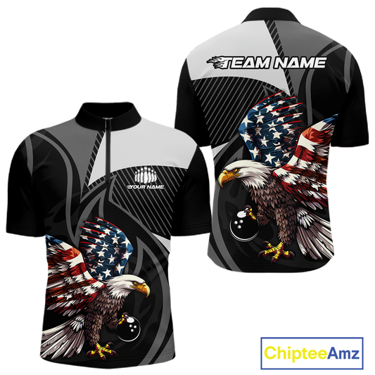 Custom American Flag Eagle Bowling Polo Shirt Quarter-Zip Bowling Jersey for Men QZT819
