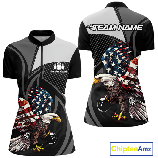 Custom American Flag Eagle Bowling Polo Shirt Quarter-Zip Bowling Jersey for Women QZT819