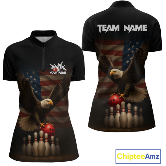 Custom Custom American Eagle Bowling Shirt for Women Polo & Quarter-Zip Bowling Jersey Bowling Outfit QZT779