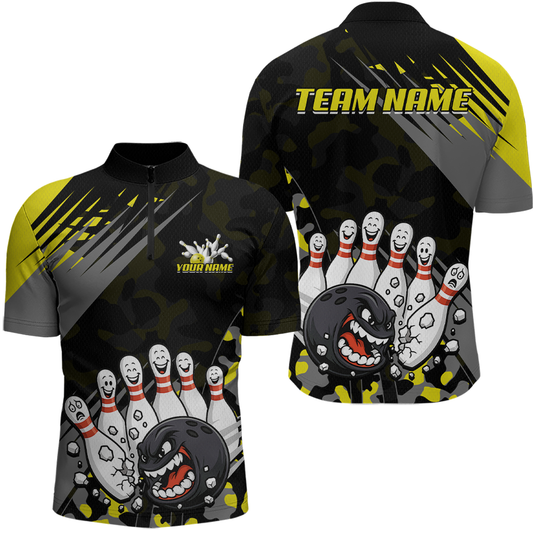 Custom Yellow Funny Bowling Shirt Crazy Bowling Jersey Men Polo & 1/4 Zip Bowling Outfit QZT785