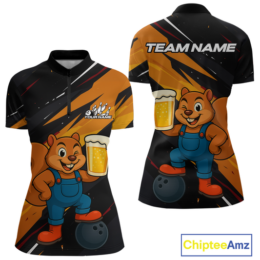Funny Squirrel and Beer Bowling Team Shirt for Women Custom Bowling League Jersey Bowling Outfit QZT813