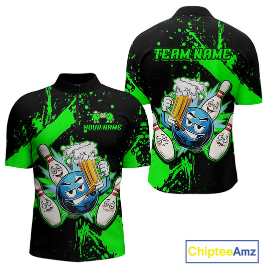 Custom Green Funny Beer Bowling Shirt for Men Bowling League Jersey Polo 1/4 Zip Bowling Outfit QZT822