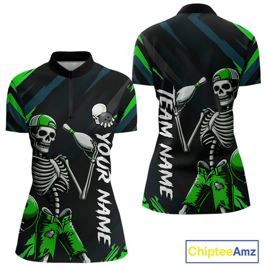 Custom Green Skull Bowling Team Shirt for Women Polo & 1/4 Zip Bowling League Jersey Bowling Gift QZT794