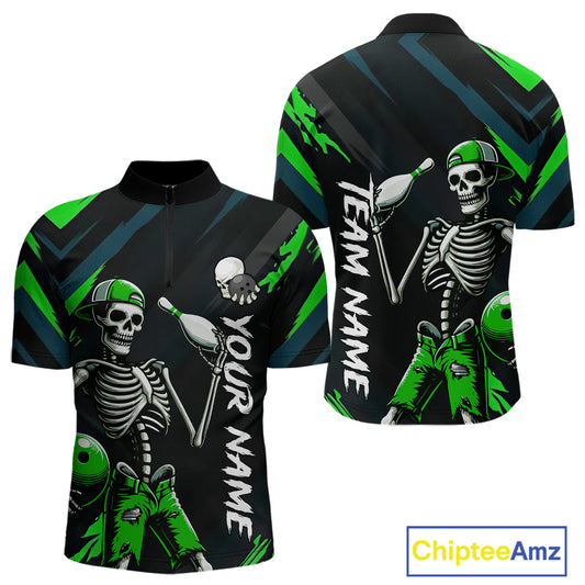 Custom Green Skull Bowling Team Shirt for Men Polo & 1/4 Zip Bowling League Jersey Bowling Unisex QZT794