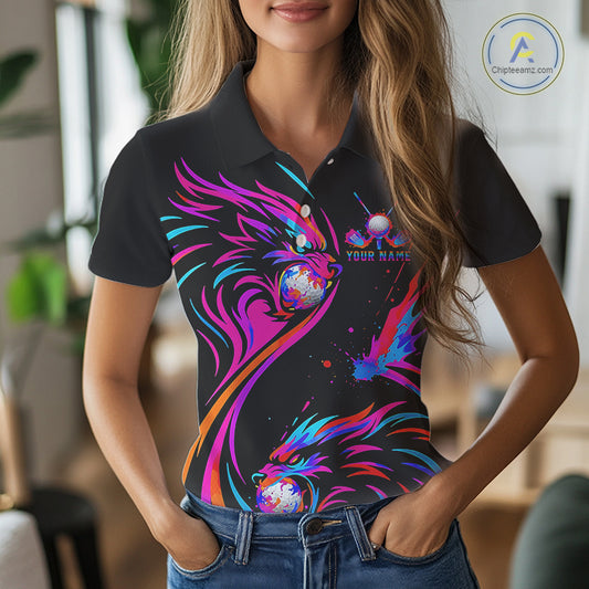 Wolf Womens Golf Polo Shirt Custom Neon Purple Pattern Team Golf Tops, Black Golf Outfit For Ladies NHN0085