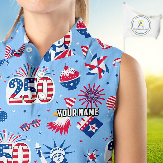 America 250th Anniversary Womens Sleeveless Golf Polo Shirt, Patriotic USA Golf Shirts, Golf Gift NHN0232