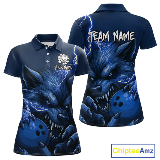 Wolf Bowling Shirts for Team Women Men Custom Blue Wolf Bowling Polo and 1/4 Zip MBL191