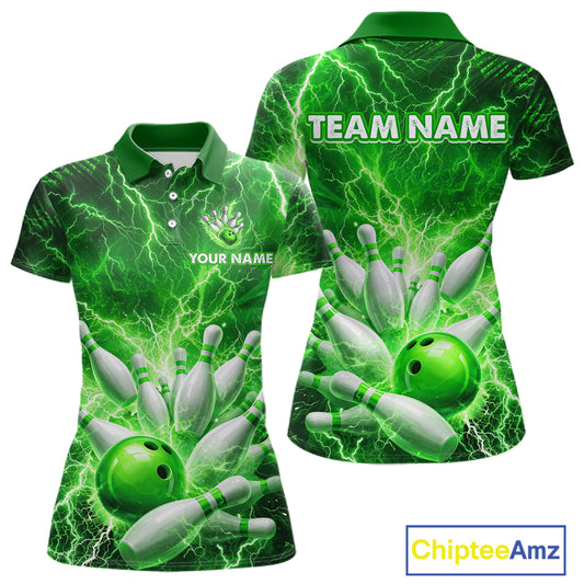 Green Lightning Bowling Shirts for Team Women Men Custom Bowling Polo & 1/4 Zip Shirt MBL241