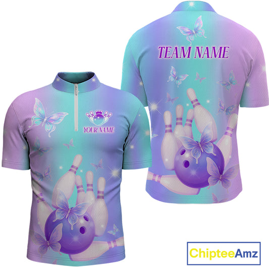 Custom Neon Butterfly Bowling Jersey for Men Bowling Team Shirts Bowling League Polo & 1/4 Zip HNT172