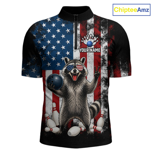 Custom us flag raccoon bowling jersey for men, personalized team bowling quarter zip shirt front view