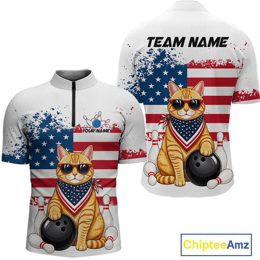 Custom us flag cat bowling jersey for men, personalized team bowling quarter zip shirt front view and back view