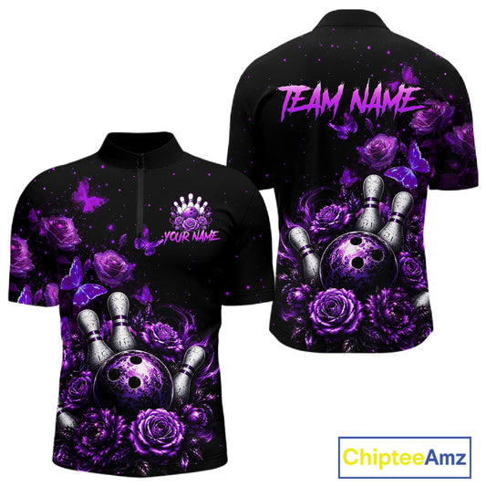 Custom purple rose butterfly bowling jersey for men, personalized team bowling quarter zip shirt front view and back view
