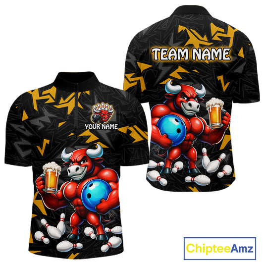 Custom yellow beer bull bowling jersey for men, personalized team bowling quarter zip shirt front view and back view