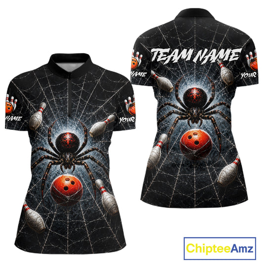 A short-sleeve polo shirt shown from the front and back, featuring a black base with a large spider on a web, bowling pins, and red bowling balls, plus customizable text placeholders. The shirt is displayed on a white background with a ChipteeAmz logo in the bottom right corner.
