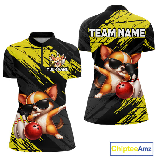 Two views of a polo shirt with a dog bowling design, customizable text areas, and Chiptee Amz branding.