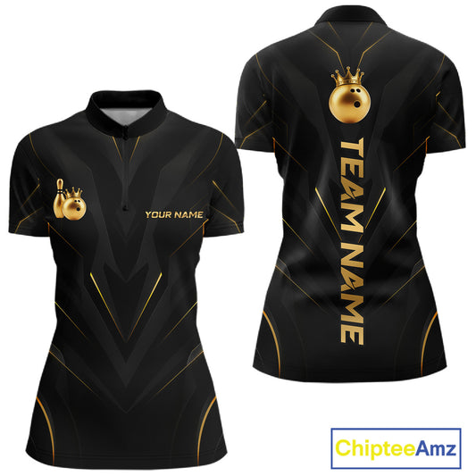 Front and back view personalized bowling quarter zip shirt with a crowned bowling ball accent paired with gold line patterns across a black layout.