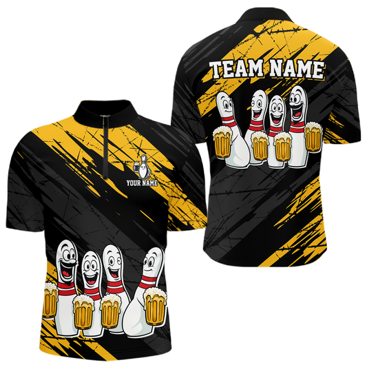 Custom Yellow Funny Bowling Tournament Jersey for Men Bowling Team Shirts Polo & 1/4 Zip HNT178