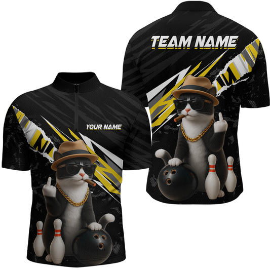 Custom Yellow Funny Cat Bowling Jersey for Men Bowling Shirt Polo & 1/4 Zip Bowling Team Shirts HNT136