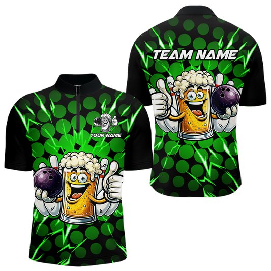 Custom Green Funny Beer Bowling Jersey for Men Bowling Team Shirts Polo & 1/4 Zip HNT187