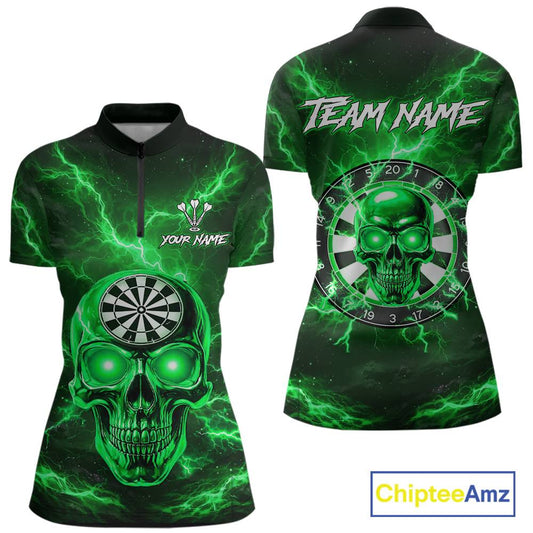 Custom Green Lightning Thunder Skull Dart Shirts For Women Darts Team Jerseys Polo & 1/4 Zip NNT135