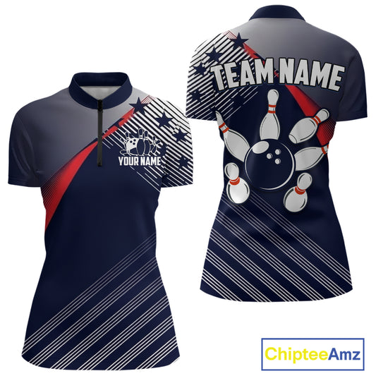 Custom US Flag Bowling Jersey for Women Bowling Team Shirts Bowling Uniform Polo & 1/4 Zip HNT165
