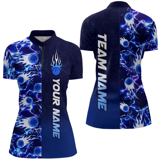 Bowling Quarter Zip Shirts For Women Custom Name Bowling Flame Lightning Team Jersey Shirt YYD0030