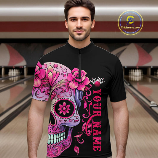 Pink Sugar Skull Tattoo Custom Unisex Bowling Quarter Zip Shirts, Halloween Team Bowling Jerseys IPHW5243