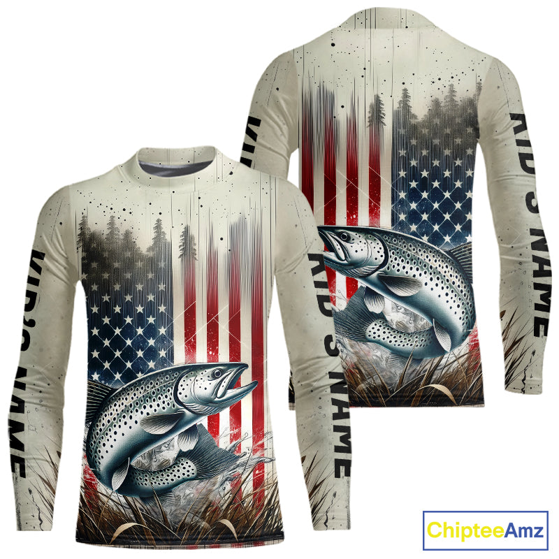 Custom Patriotic US Flag Speckled Trout Kid Long Sleeve Fishing Shirts, Trout Fishing Jerseys IPHW9295