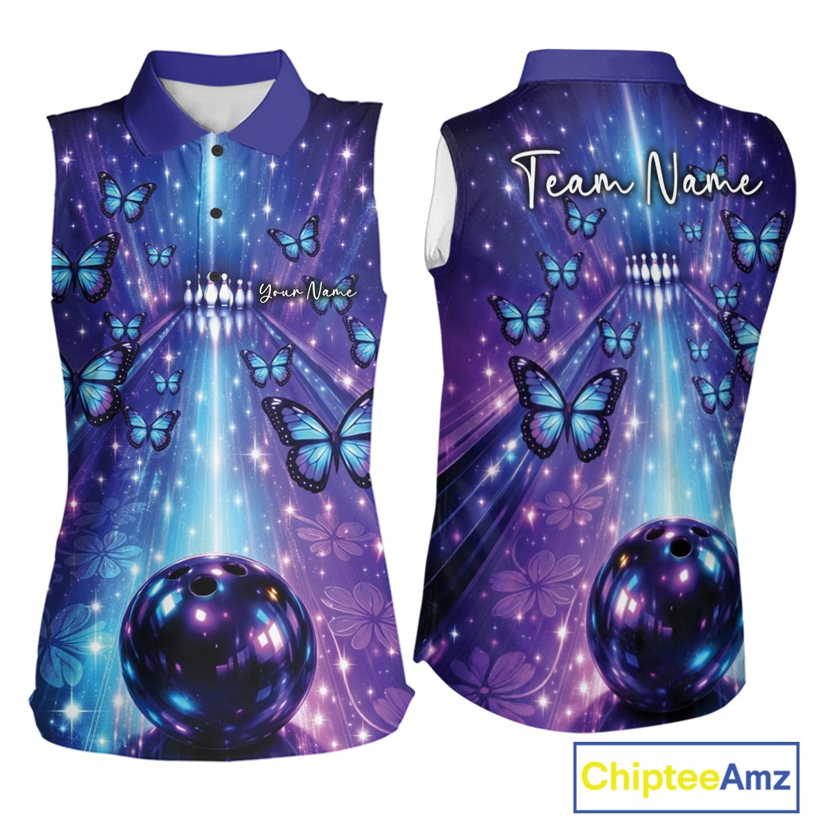 Custom Blue And Purple Galaxy Bowling Lane Butterfly Bowling Team Women Sleeveless Polo Shirt IPHW10913