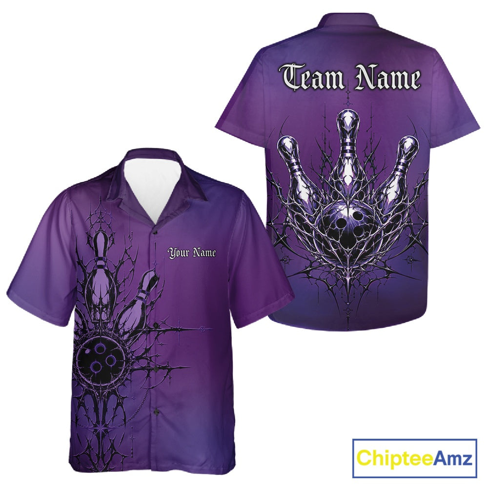 Purple bowling shirt with graphic design and customizable text on a white background