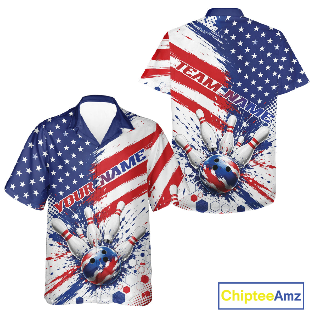 Custom Patriotic American Bowling Men And Women Button Up Shirt, US Flag Splatter Bowling Jersey IPHW11844