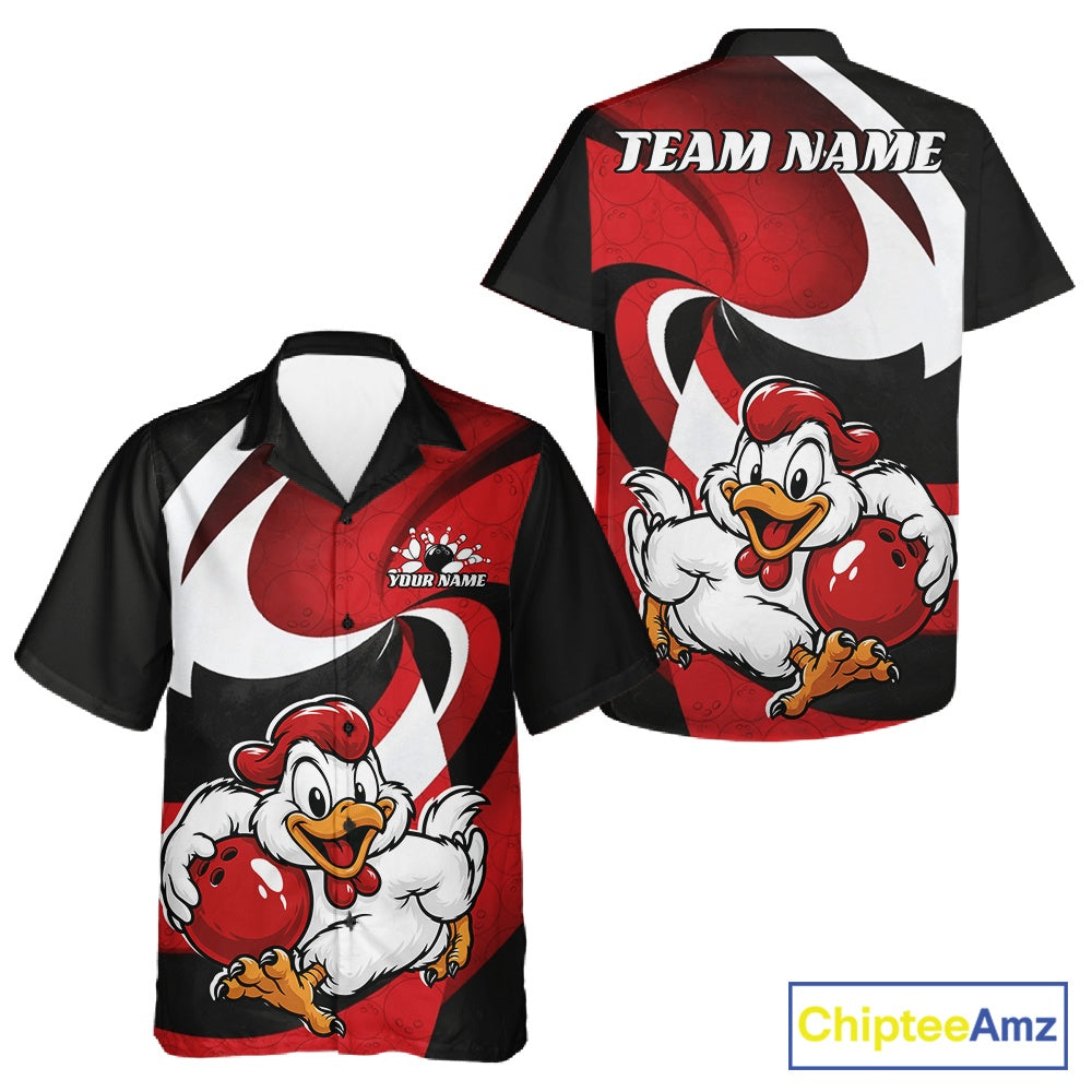 Custom short-sleeve bowling shirts shown in front and back views, featuring a red, black, and white abstract design with a cartoon chicken mascot holding a bowling ball. The front displays a 'YOUR NAME' placeholder logo, and the back has 'TEAM NAME' placeholder text.