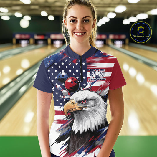 Custom Patriotic Eagle Bowling Shirts For Women, US Flag Bowling League Team Shirt IPHW9476