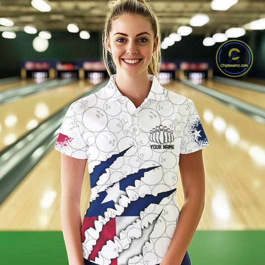 Custom Texas Flag Bowling Team Polo Shirts For Women, Texas Bowling League Shirt IPHW9834